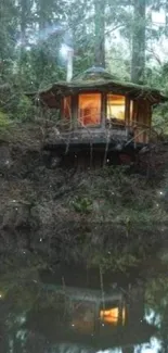 Rustic cabin illuminated in mystical forest landscape with river reflection.