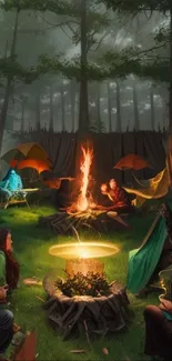 Vibrant group by campfire in a mystical forest setting.