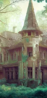 Enchanted castle nestled in lush green forest.