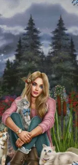 Woman with cats in mystical forest, surrounded by lush greenery.