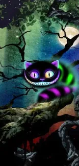 Colorful mystical cat sits on a tree branch in enchanted forest.