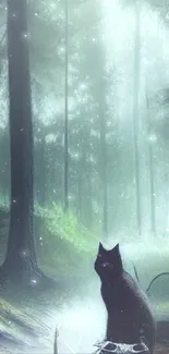 Enigmatic black cat in a lush misty forest setting, ideal for mobile wallpaper.