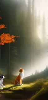 Two cats sit in a mystical, sunlit forest path.