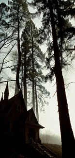 Mystical forest scene with a quaint chapel and towering trees.