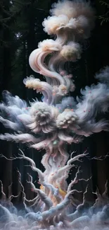 Surreal cloud explosion in a mystical forest setting.