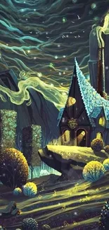 Enchanting moonlit forest cottage wallpaper in an artistic design.