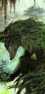 Mystical creature in green forest art wallpaper.