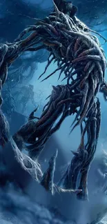 Enigmatic tree creature in a mystical, blue forest background.