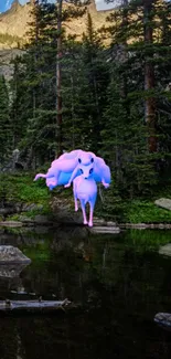 Enchanted forest with vibrant unicorn in serene landscape.