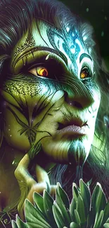 Mystical forest creature with green hues and tribal patterns on its face.