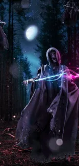 Mystical hooded creature in dark woods with magical lights.