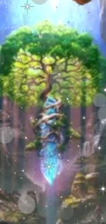 Mystical forest wallpaper with a glowing crystal tree in a serene setting.