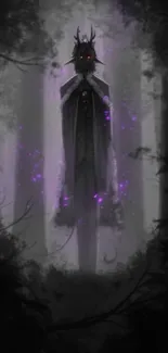 Mysterious figure with antlers in a dark forest, emitting a purple glow.