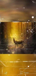 Majestic deer in a golden light forest with digital elements in the background.