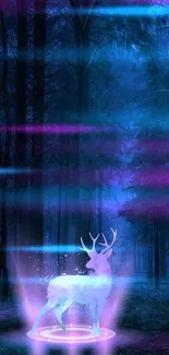 Mystical deer glowing in a colorful forest with purple and blue lights.