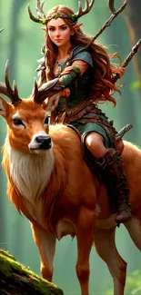 A warrior in a mystical forest riding a majestic deer.