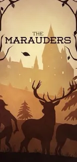 Mystical forest wallpaper with deer silhouettes and a castle backdrop.