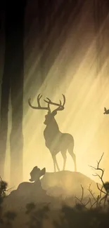 Silhouette of a deer in a mystical forest setting, exuding peacefulness.