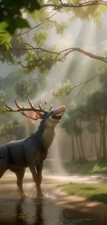 A mythical deer in a sunlit, enchanting forest scene.