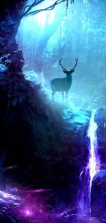 Mystical blue forest wallpaper with deer silhouette and waterfall.