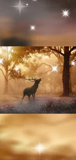 Mystical forest with deer and golden light on mobile wallpaper.