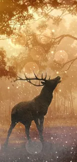 Majestic deer stands in mystical gold-hued forest, surrounded by serene nature.