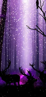 Mystical forest with deer under purple snow-lit sky wallpaper.