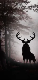 Mysterious silhouette of a deer in a foggy forest setting.