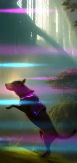 Dog in neon-lit mystical forest wallpaper with colorful light streaks.