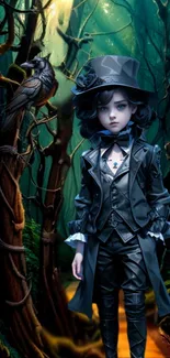 Gothic doll in a mystical dark forest with enchanting atmosphere.