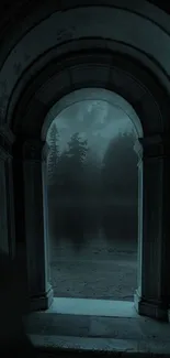 Mysterious stone archway opening to a foggy forest scene in teal shades.