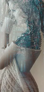 Mystical double exposure of a woman with forest background.