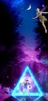 Mystical forest wallpaper with a glowing triangle and cosmic sky.