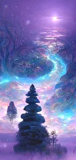 Mystical and vibrant fantasy landscape with purple and blue hues.