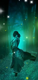 Mystical forest with fireflies and silhouette figure wallpaper.