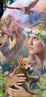 Mystical forest scene with a wolf and ethereal woman holding a cub.