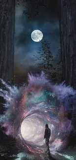 Mystical forest with a glowing portal and moonlit sky.