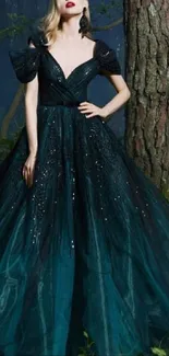 Woman in dark teal gown in a forest setting wallpaper.