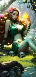 Beautiful elf in a forest holding a fiery orb, surrounded by nature.