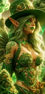 Fantasy forest elf in green attire with lush surroundings.