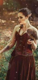 Mystical elf with owl in enchanted forest.