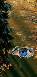 Artistic blue eye set in a dark forest scene.