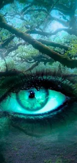 Mystical forest with vibrant blue eye artwork.