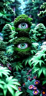 Mystical forest with eyes peering through lush green foliage.