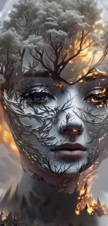 Mystical face with trees and fire in artistic design.