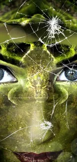 Mystical face art wallpaper with green hues and shattered glass effects.