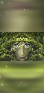 Mystical green forest face with blue eyes and leafy design.