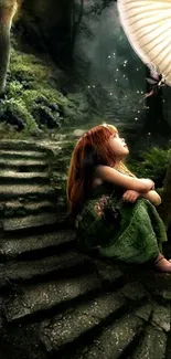 Fairy in a mystical forest setting with glowing light and ancient stone steps.