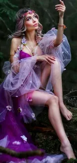 Mystical forest fairy with purple dress in an enchanting woodland setting.