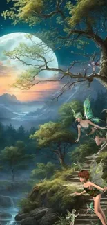 Fairy landscape with a moonlit forest and mystical creatures.